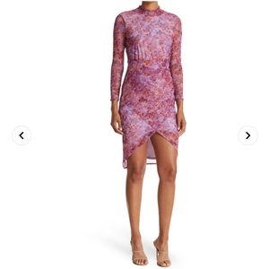 LAUNDRY BY SHELLI SEGAL Floral Mock Neck Long Sleeve Faux Wrap Midi Dres…